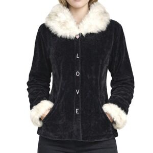 Vintage Storybook Knits Velour Cardigan LOVE Womens Small Black Faux Fur Collar